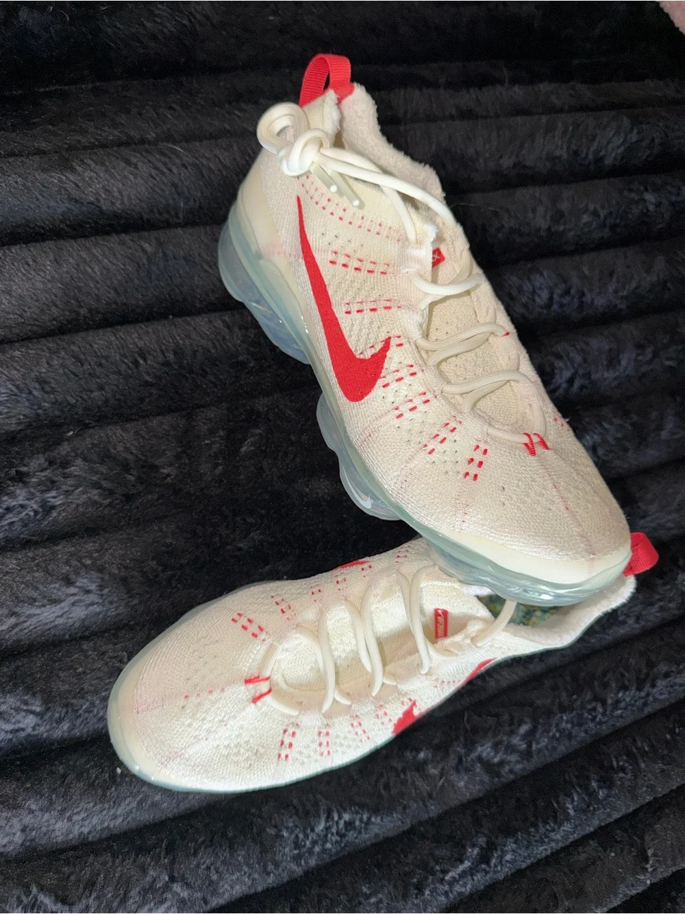 Nike Women’s VaporMax Flyknit Sneakers - White with Red Swoosh